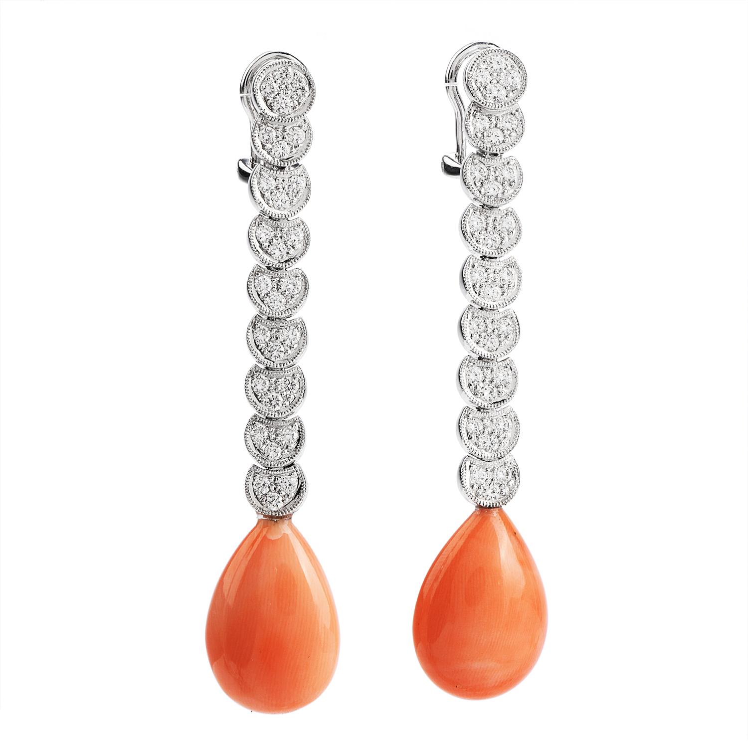 Art Deco Pink Coral Diamond Dangle Drop 18 Karat Clip-On Earrings