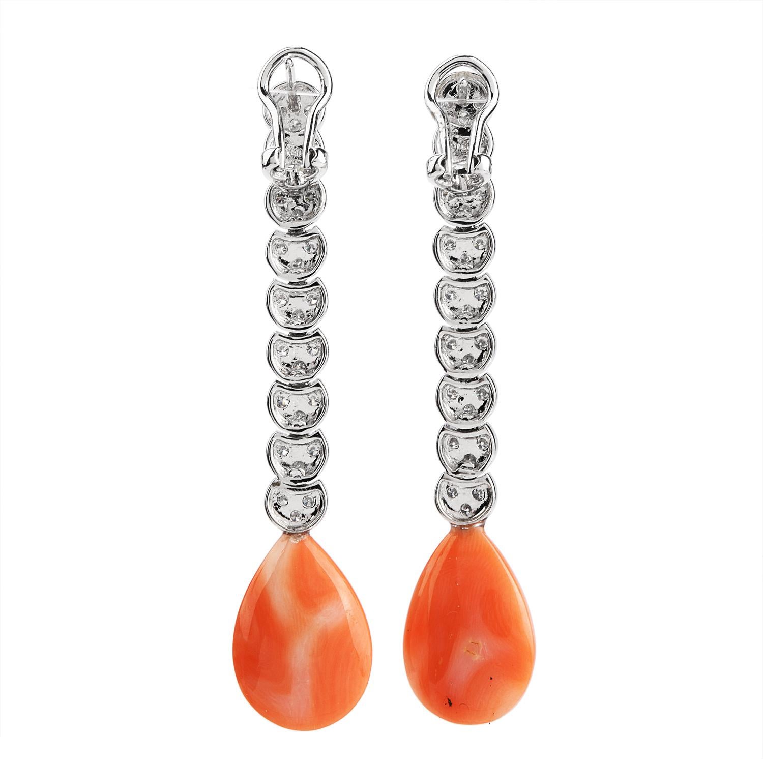 Cabochon Pink Coral Diamond Dangle Drop 18 Karat Clip-On Earrings
