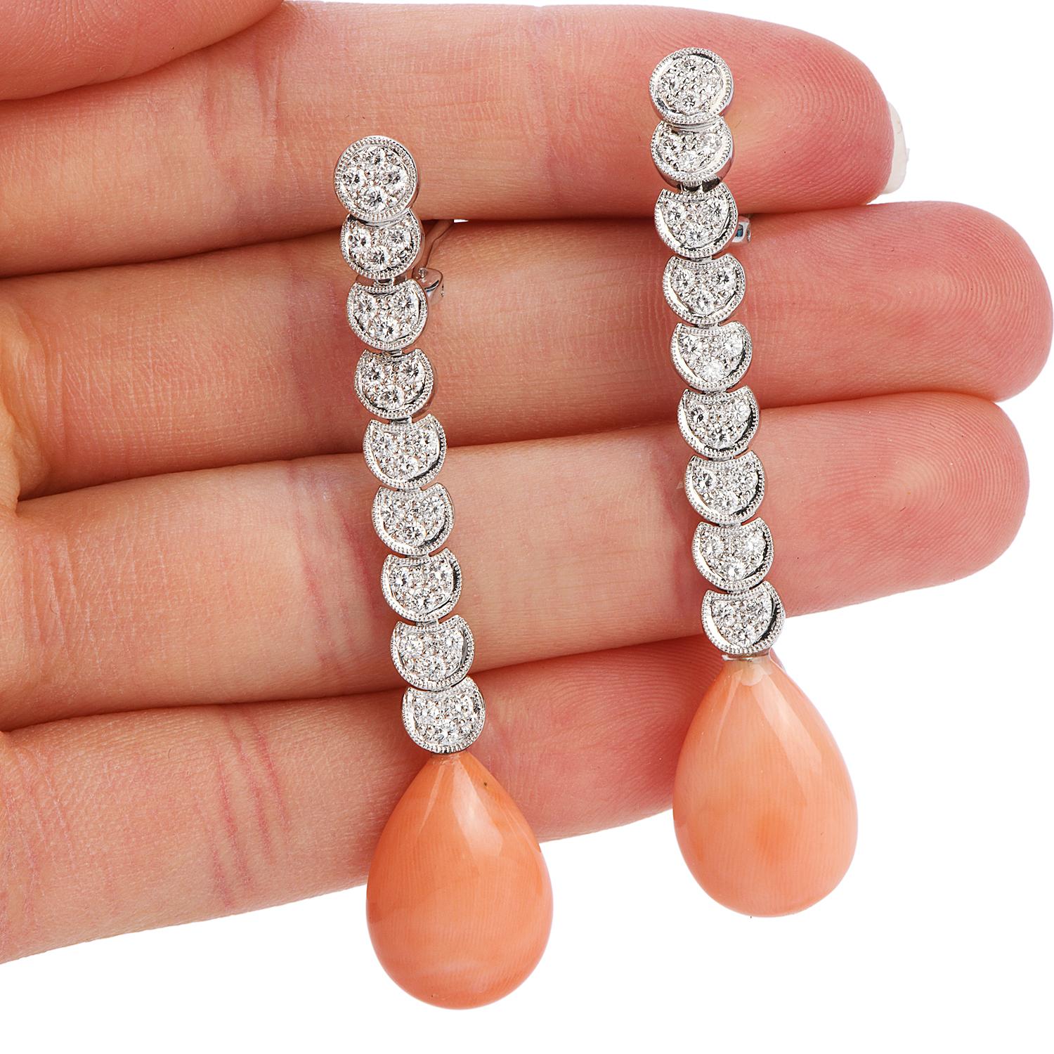 Pink Coral Diamond Dangle Drop 18 Karat Clip-On Earrings In Excellent Condition In Miami, FL