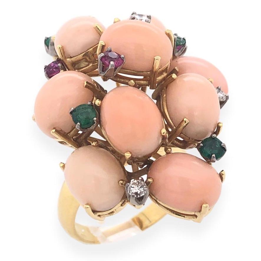 1960's Angelskin coral ,diamond , ruby and emerald statement ring. The 1 1/2