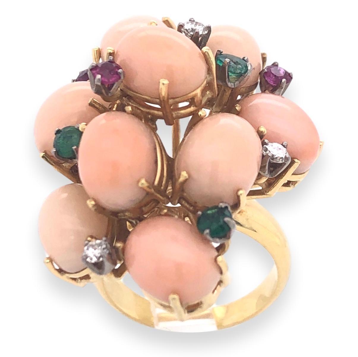 Brilliant Cut Pink Coral Diamond Emerald and Ruby 1960s Cocktail Ring