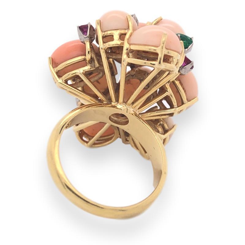 Women's or Men's Pink Coral Diamond Emerald and Ruby 1960s Cocktail Ring