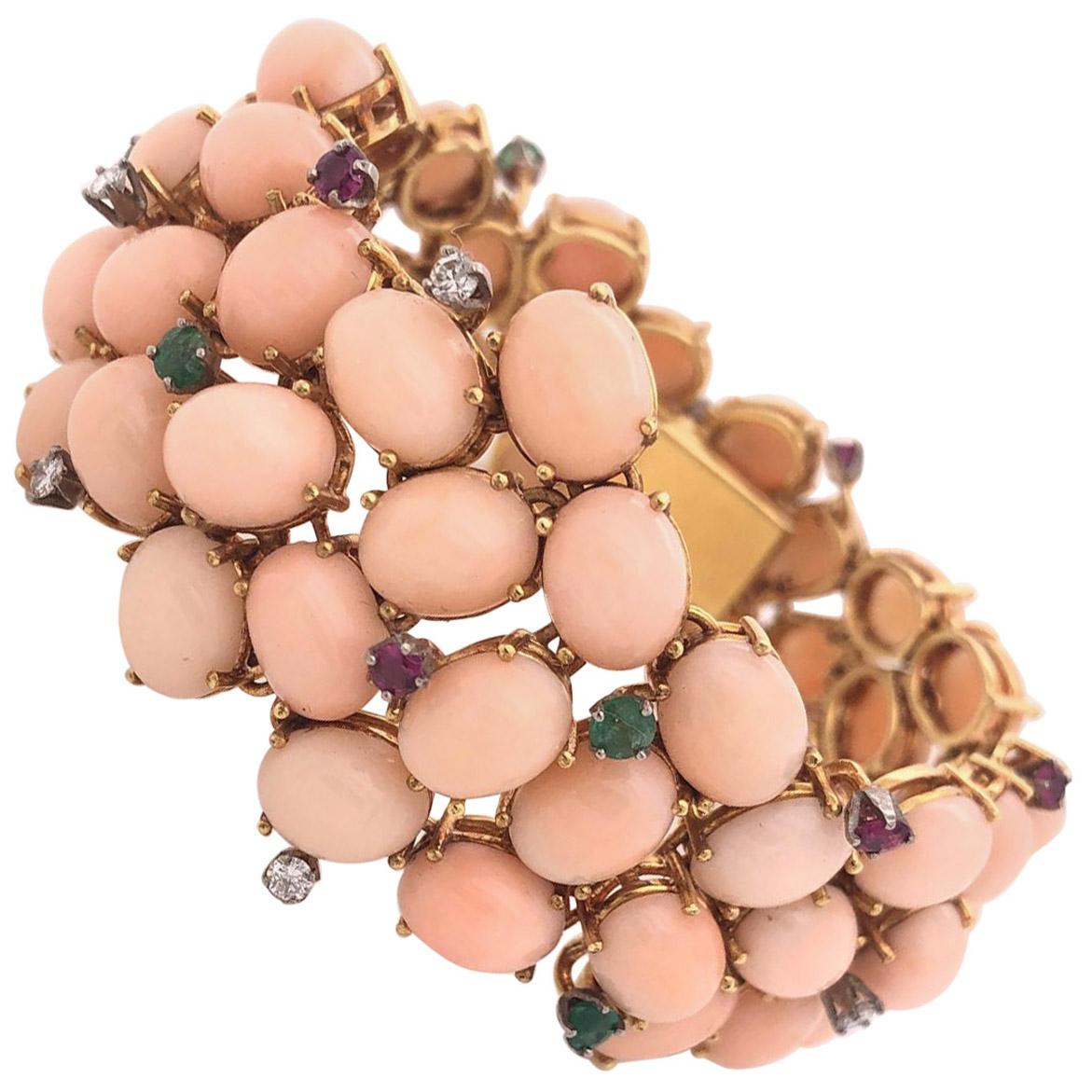 Pink Coral, Diamond, Emerald, Ruby 1960s Bracelet