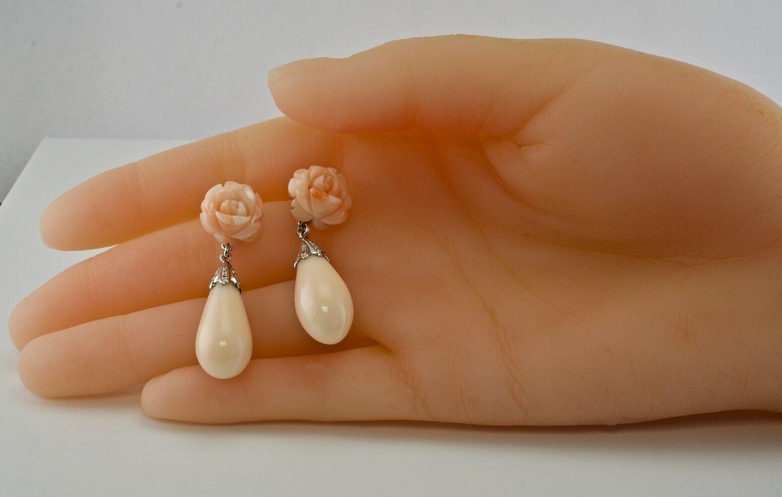 Pink Coral Diamond Rose Flower Earrings 18K White Gold For Sale 4