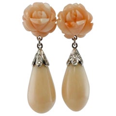 Pink Coral Diamond Rose Flower Earrings 18K White Gold