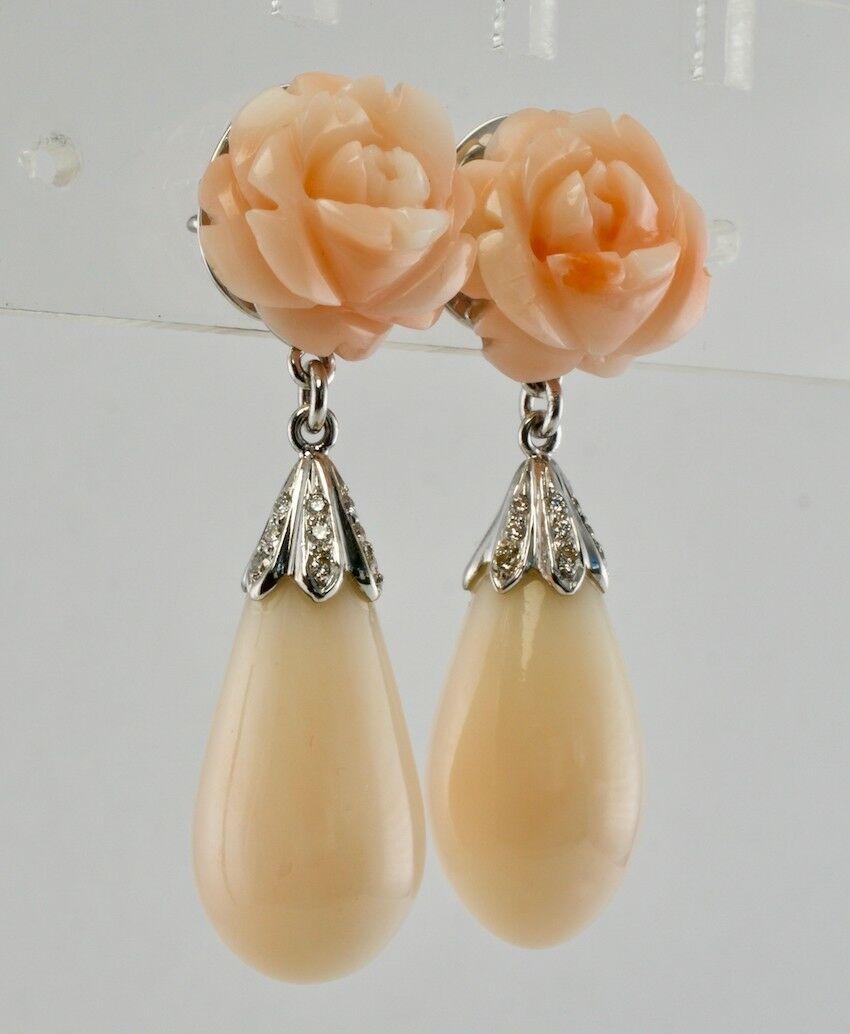 Women's Pink Coral Diamond Rose Flower Earrings 18K White Gold For Sale