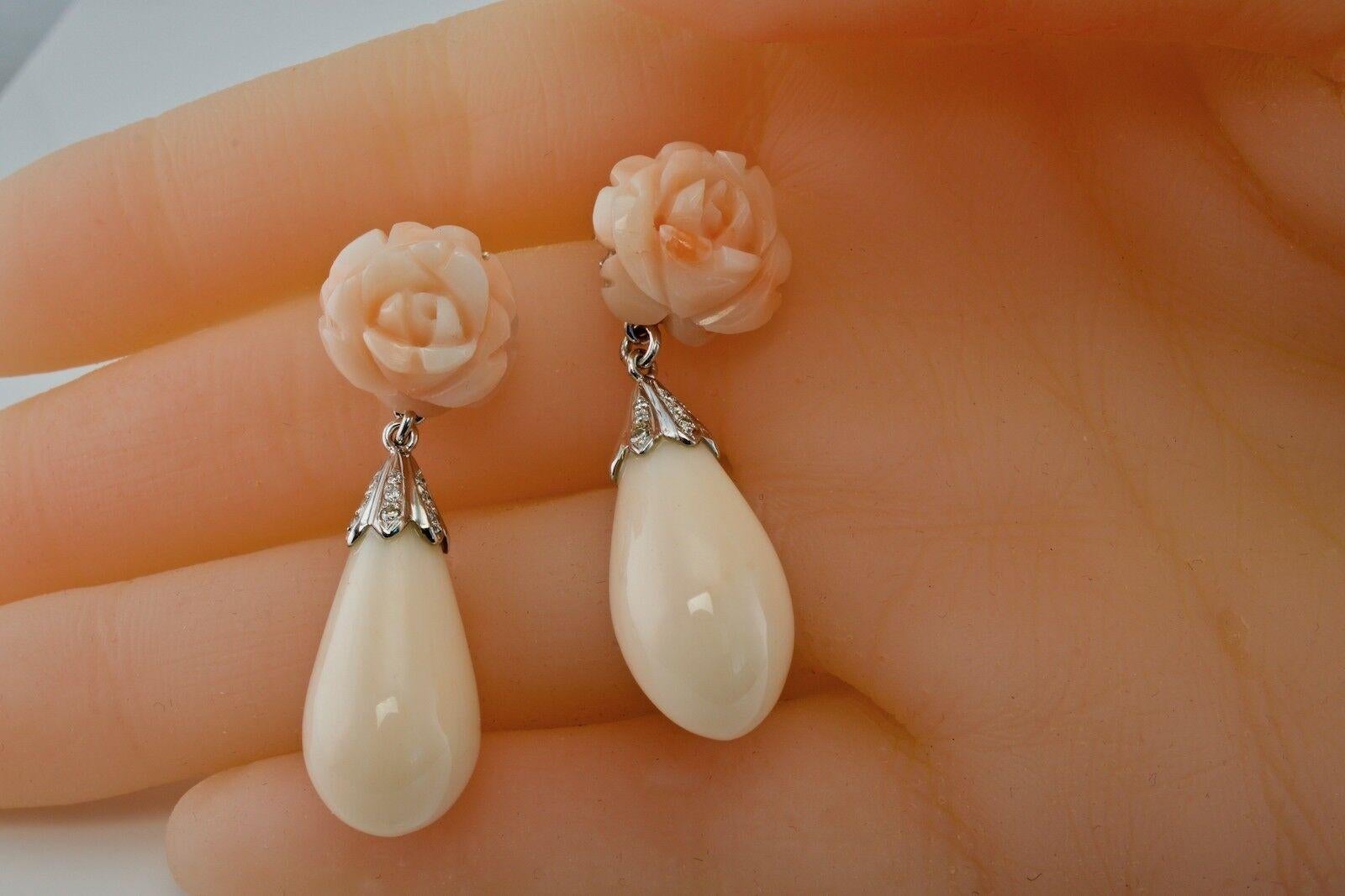 Pink Coral Diamond Rose Flower Earrings 18K White Gold For Sale 1