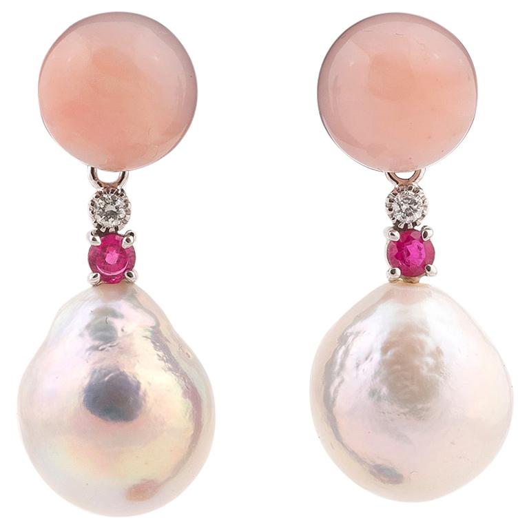 Corallium Rubrum Diamond Ruby and Baroque Pearl Earrings