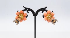 Pink Coral Diamond Yellow Sapphire Yellow Gold "Bee on Flower" Clip-On Earrings