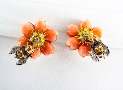 Pink Coral Diamond Yellow Sapphire Yellow Gold "Bee on Flower" Clip-On Earrings