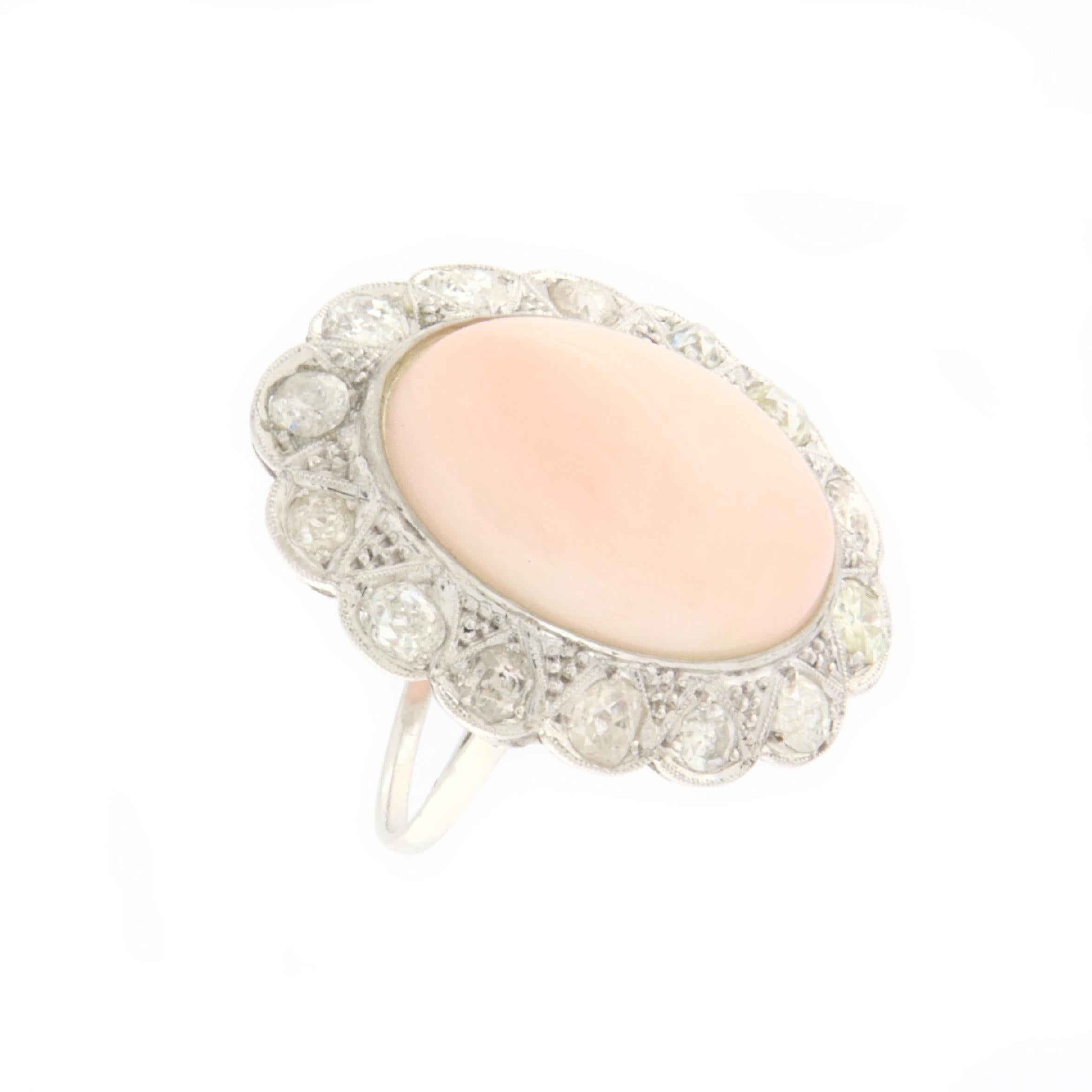 Artisan Pink Coral Diamonds 18 Karat White Gold Cocktail Ring For Sale