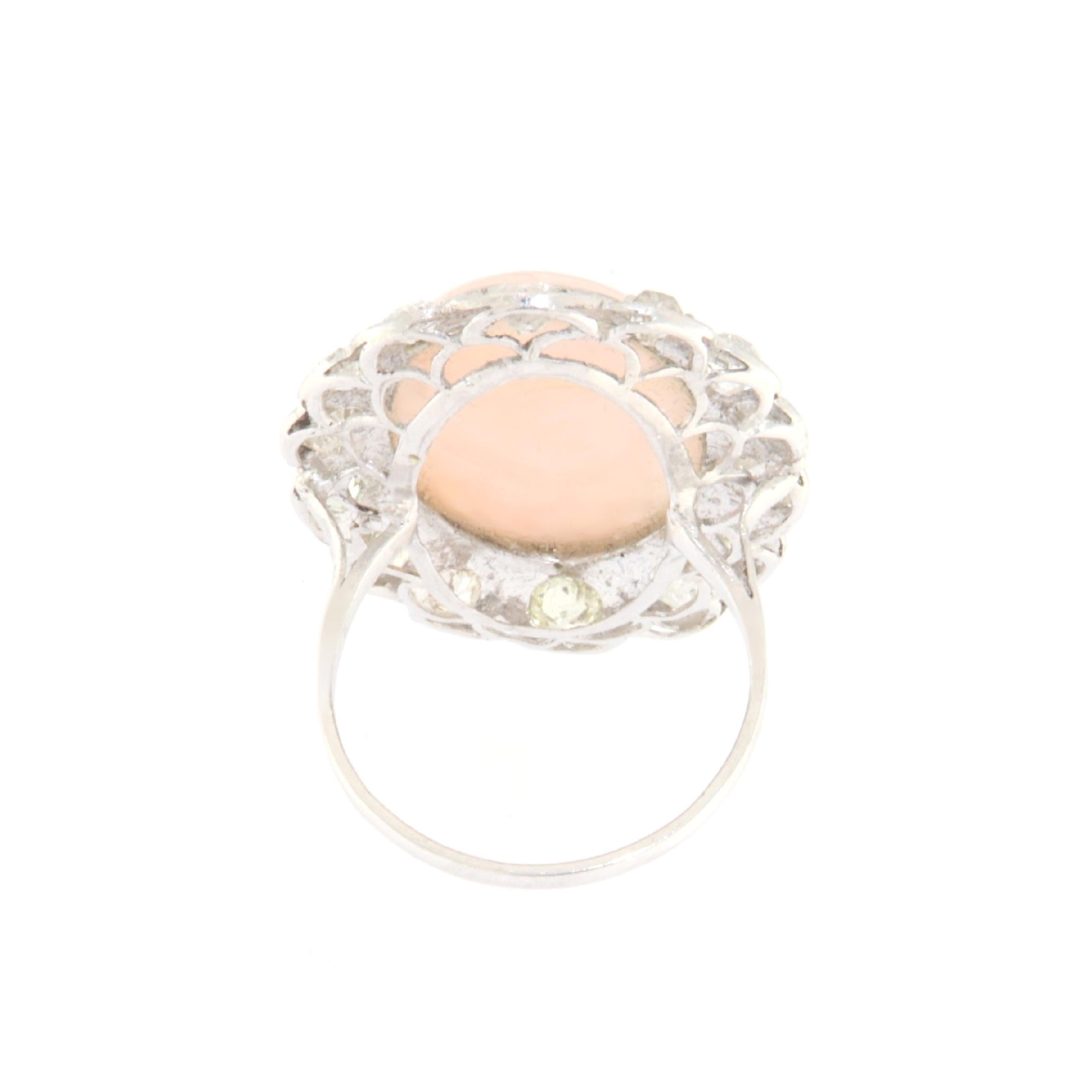 Women's Pink Coral Diamonds 18 Karat White Gold Cocktail Ring For Sale