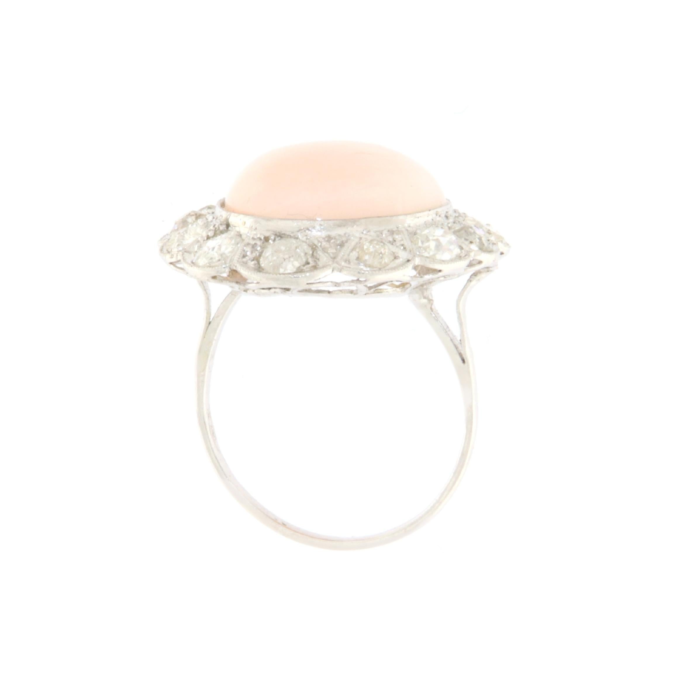 Pink Coral Diamonds 18 Karat White Gold Cocktail Ring For Sale 1