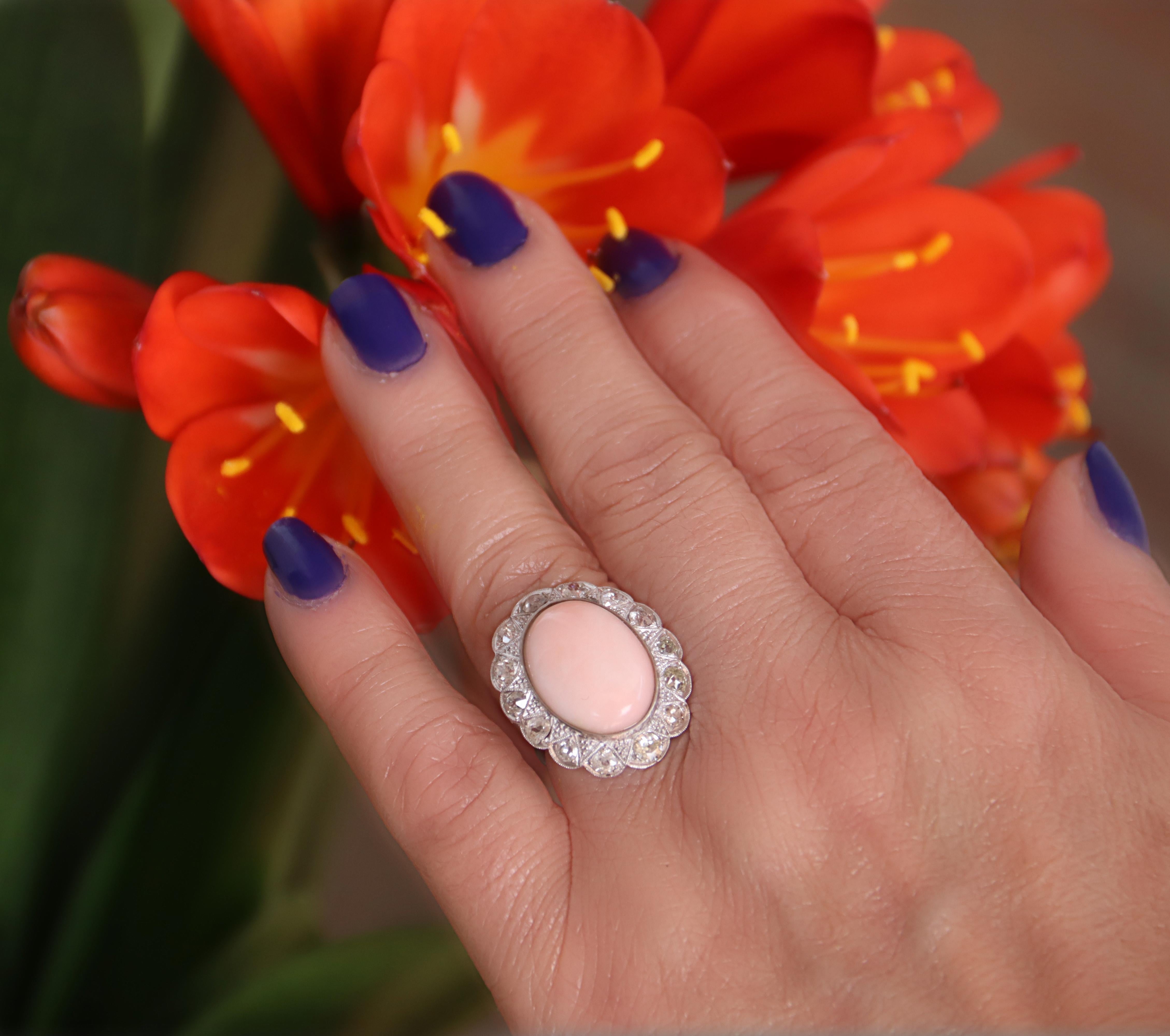 Pink Coral Diamonds 18 Karat White Gold Cocktail Ring For Sale 3