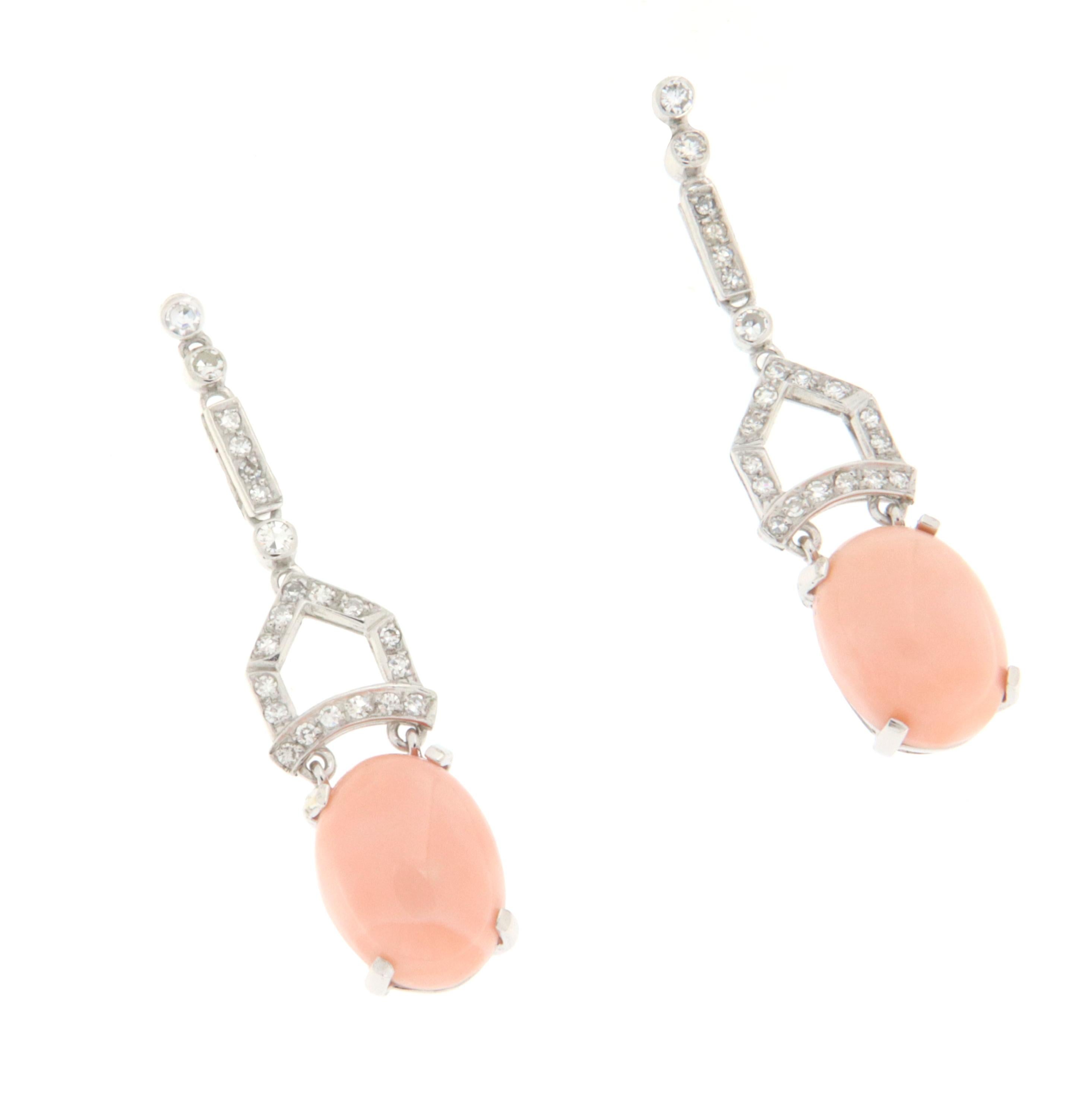 Artisan Pink Coral Diamonds 18 Karat White Gold Drop Earrings For Sale