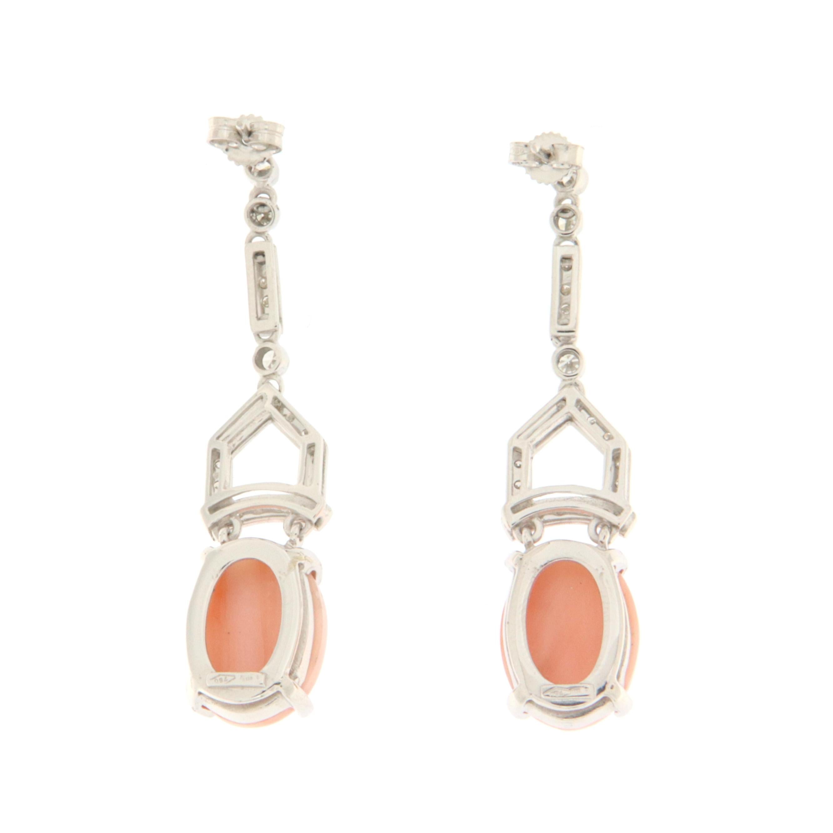 Brilliant Cut Pink Coral Diamonds 18 Karat White Gold Drop Earrings For Sale
