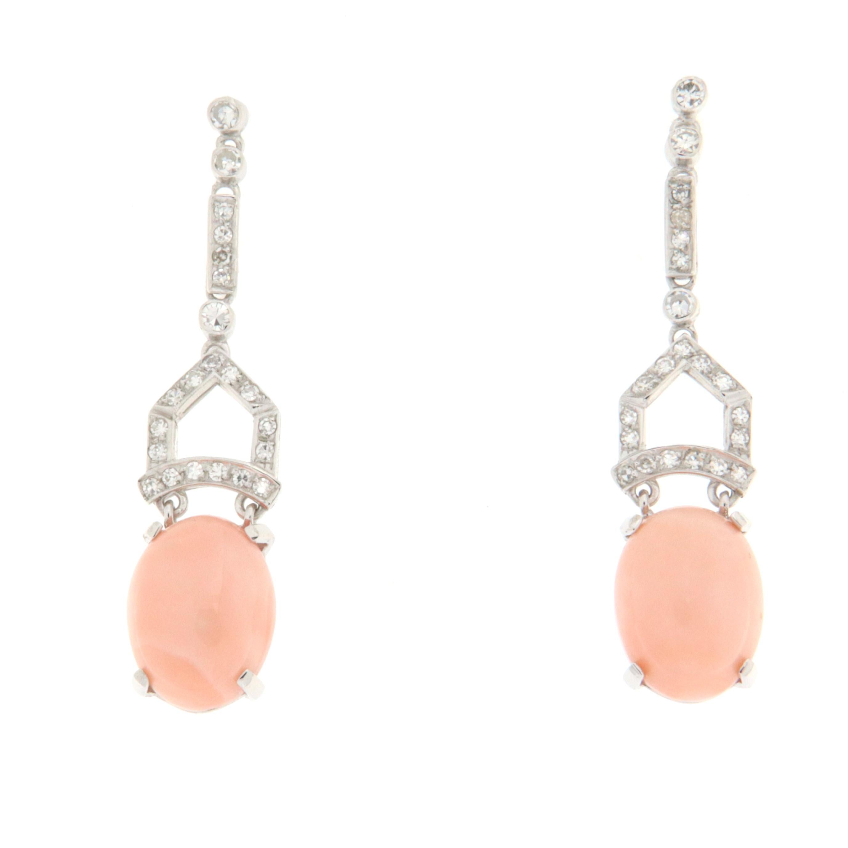 Pink Coral Diamonds 18 Karat White Gold Drop Earrings In New Condition For Sale In Marcianise, IT