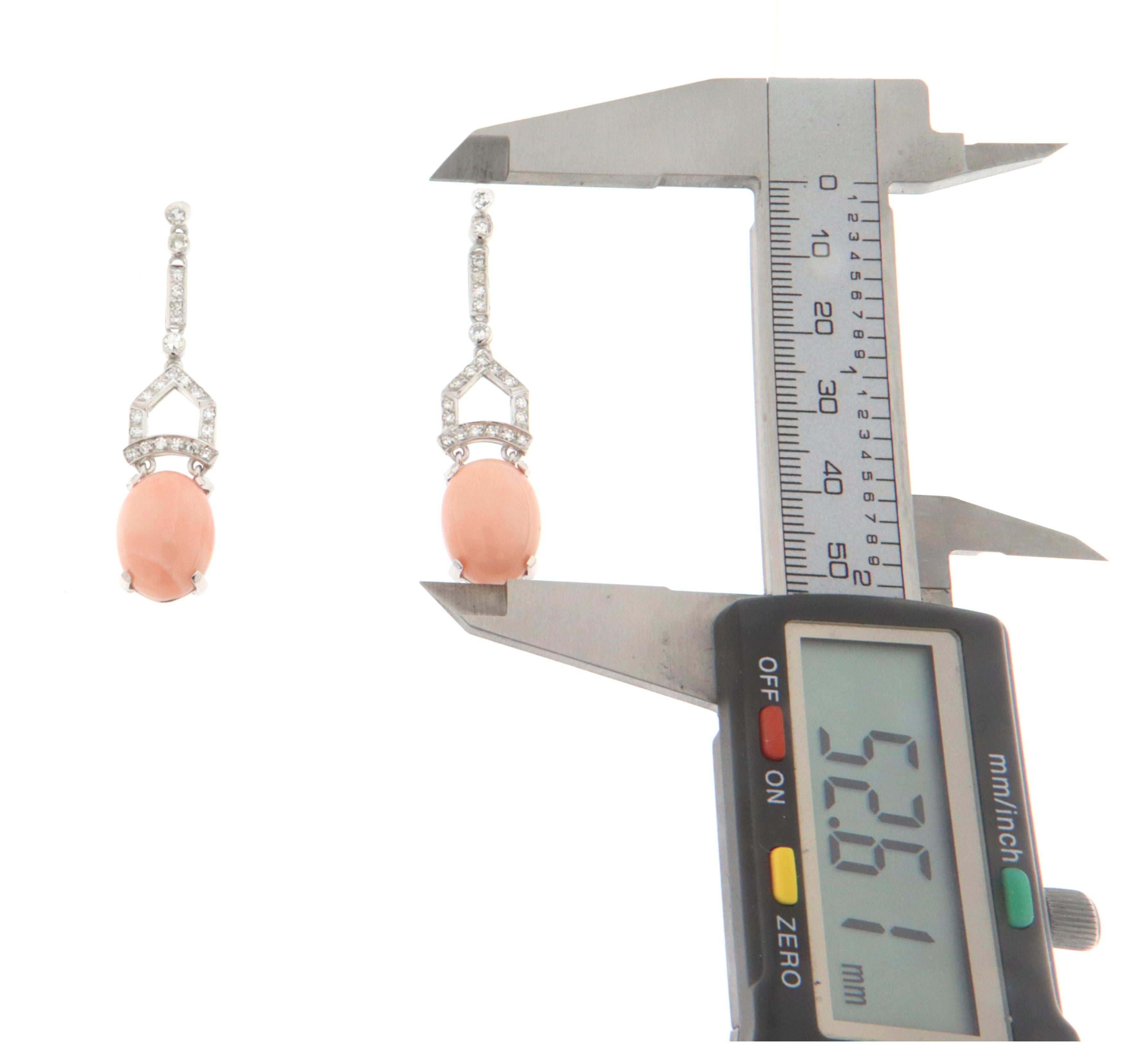 Women's Pink Coral Diamonds 18 Karat White Gold Drop Earrings For Sale