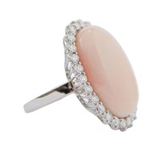 Pink Coral, Diamonds, 18 Karat White Gold Ring.