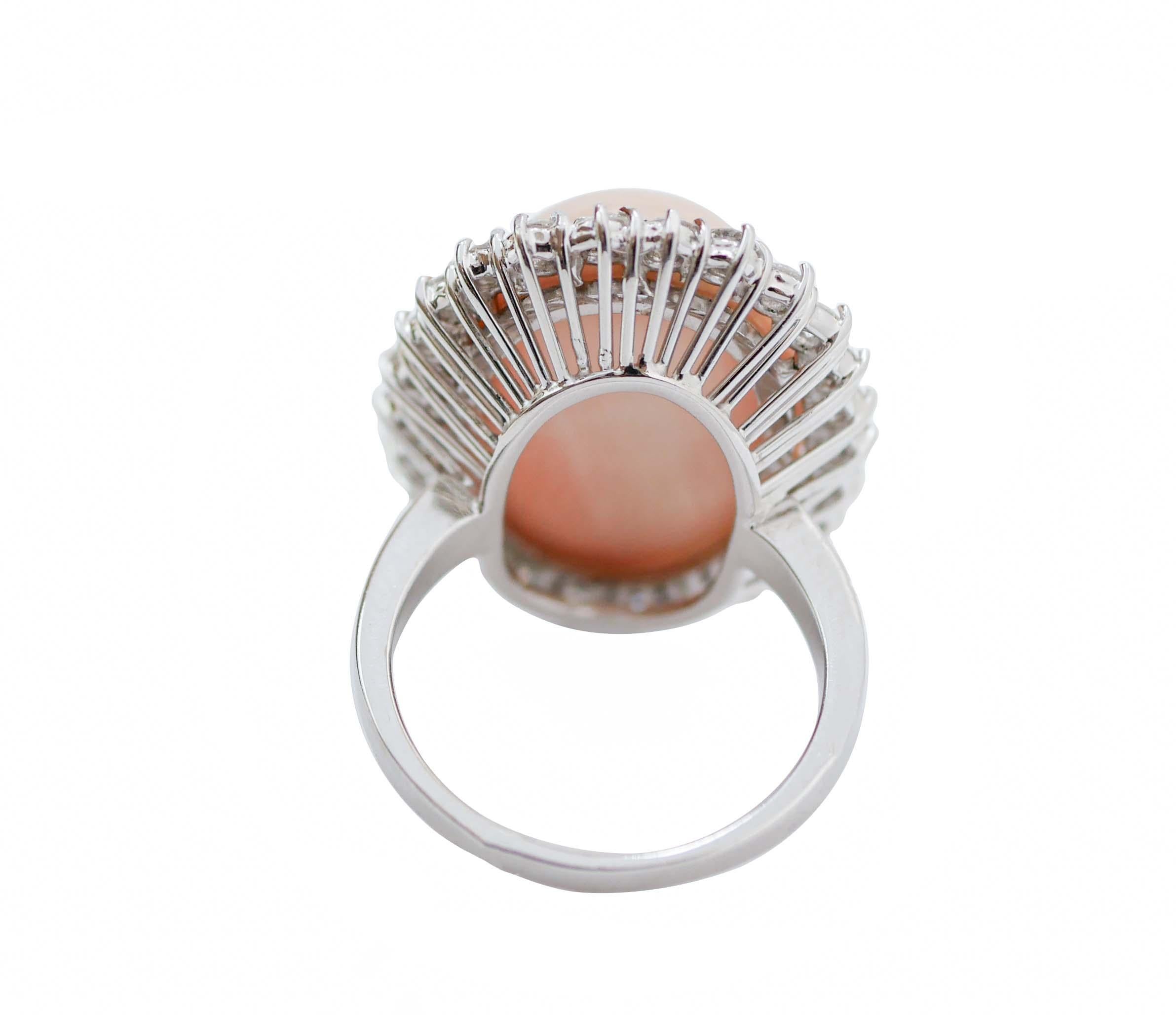 Retro Pink Coral, Diamonds, 18 Karat White Gold Ring. For Sale