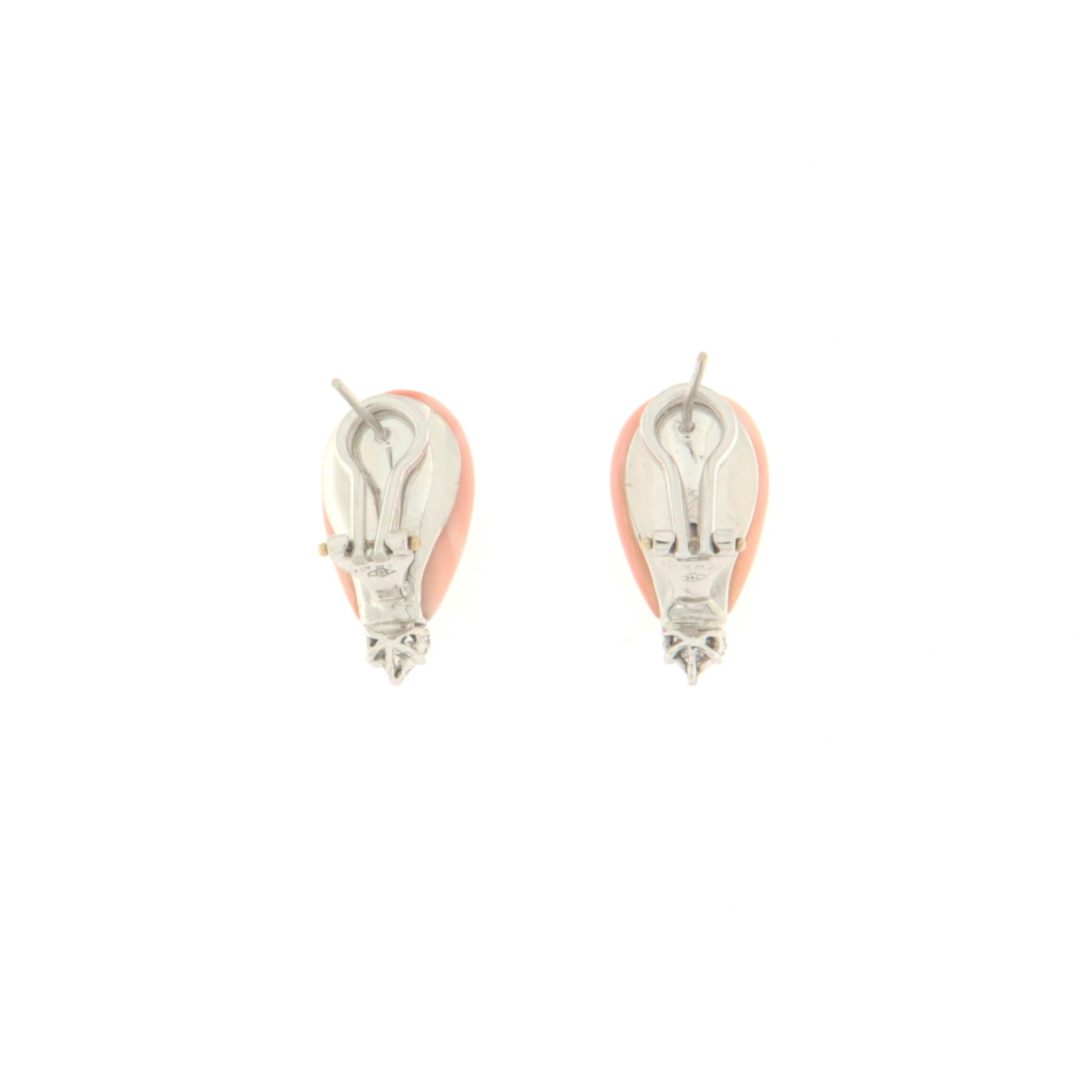 Artisan Pink Coral Diamonds 18 Karat White Gold Stud Earrings For Sale