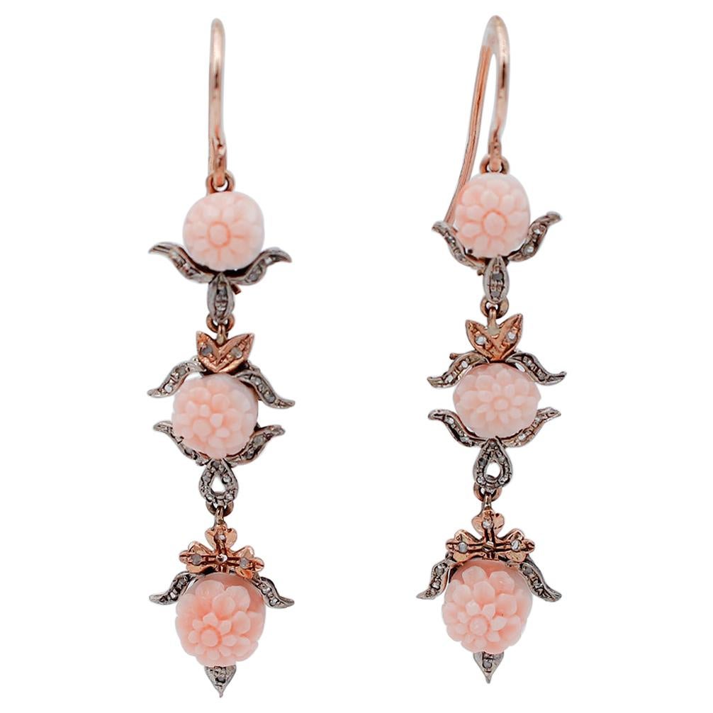 Pink Coral, Diamonds, 9 Karat Rose Gold and Silver Dangle Earrings