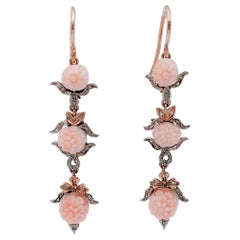 Pink Coral, Diamonds, 9 Karat Rose Gold and Silver Dangle Earrings