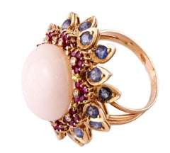 Pink Coral, Diamonds, Sapphires, Rubies, 14 Karat Rose Gold Vintage Ring