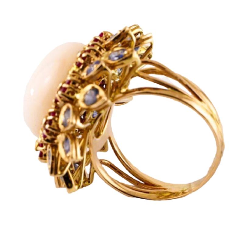 Retro Pink Coral, Diamonds, Sapphires, Rubies, 14 Karat Rose Gold Vintage Ring For Sale