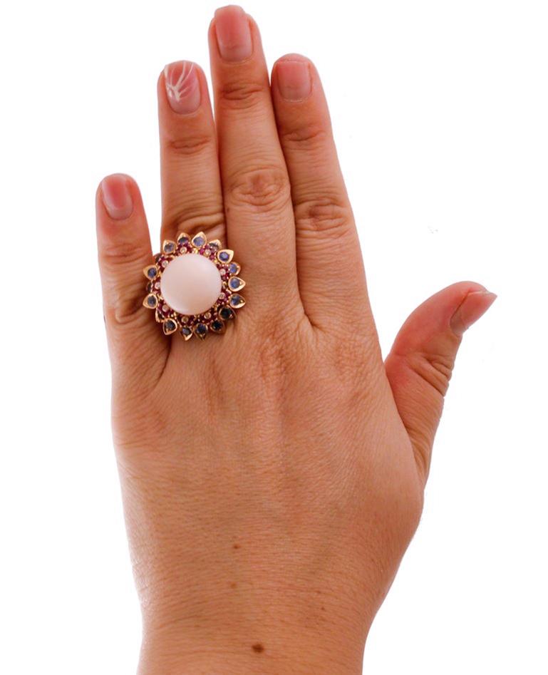 Women's Pink Coral, Diamonds, Sapphires, Rubies, 14 Karat Rose Gold Vintage Ring For Sale
