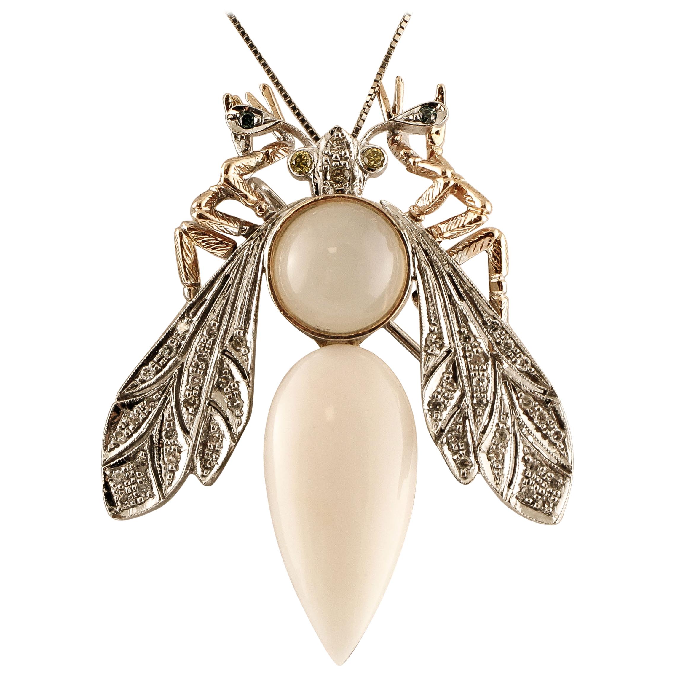 Broche libellule en forme de libellule en corail rose, diamants, pierre de lune et or blanc et rose