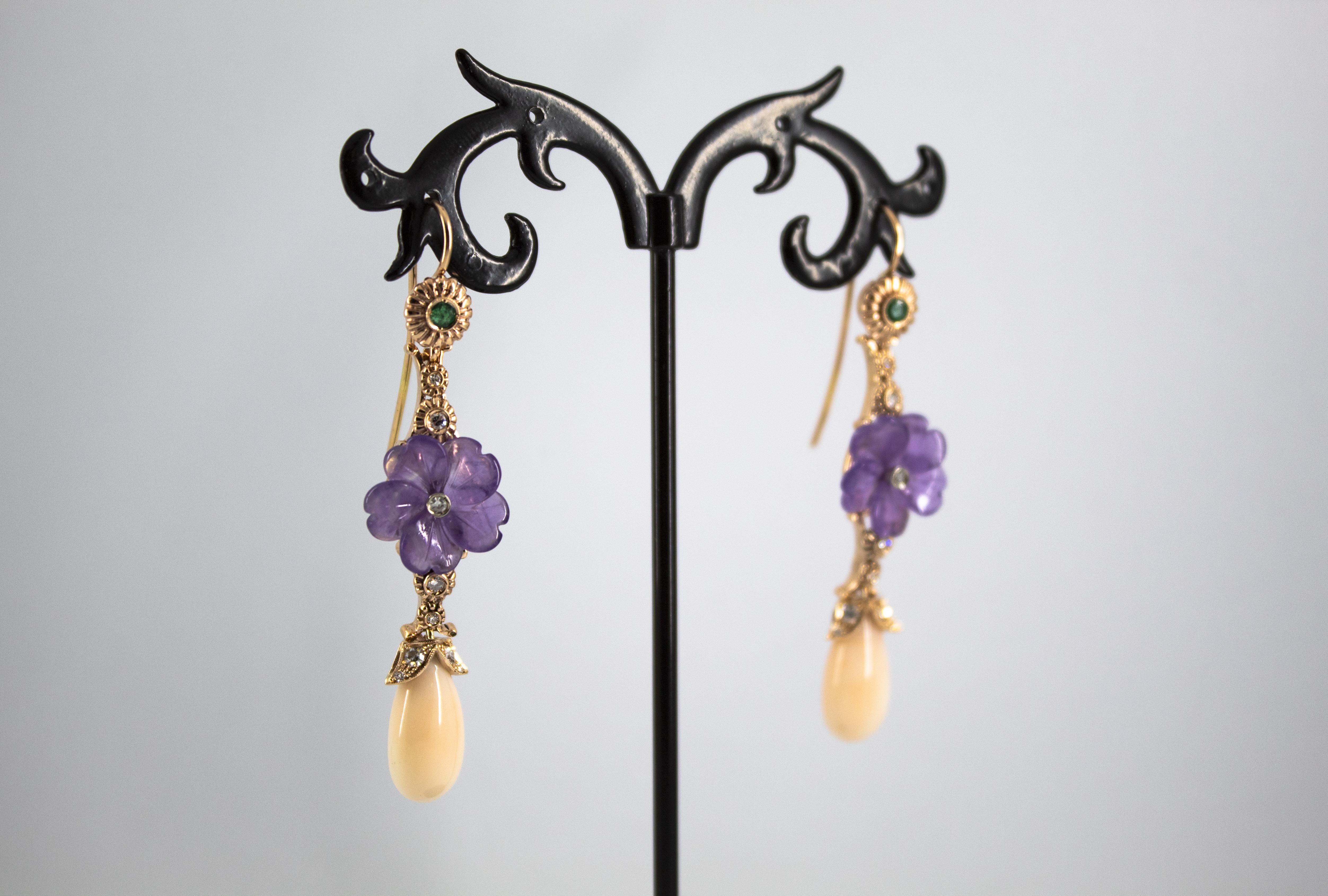 Pink Coral Emerald Amethyst 0.35 Carat White Diamond Yellow Gold Drop Earrings For Sale 4