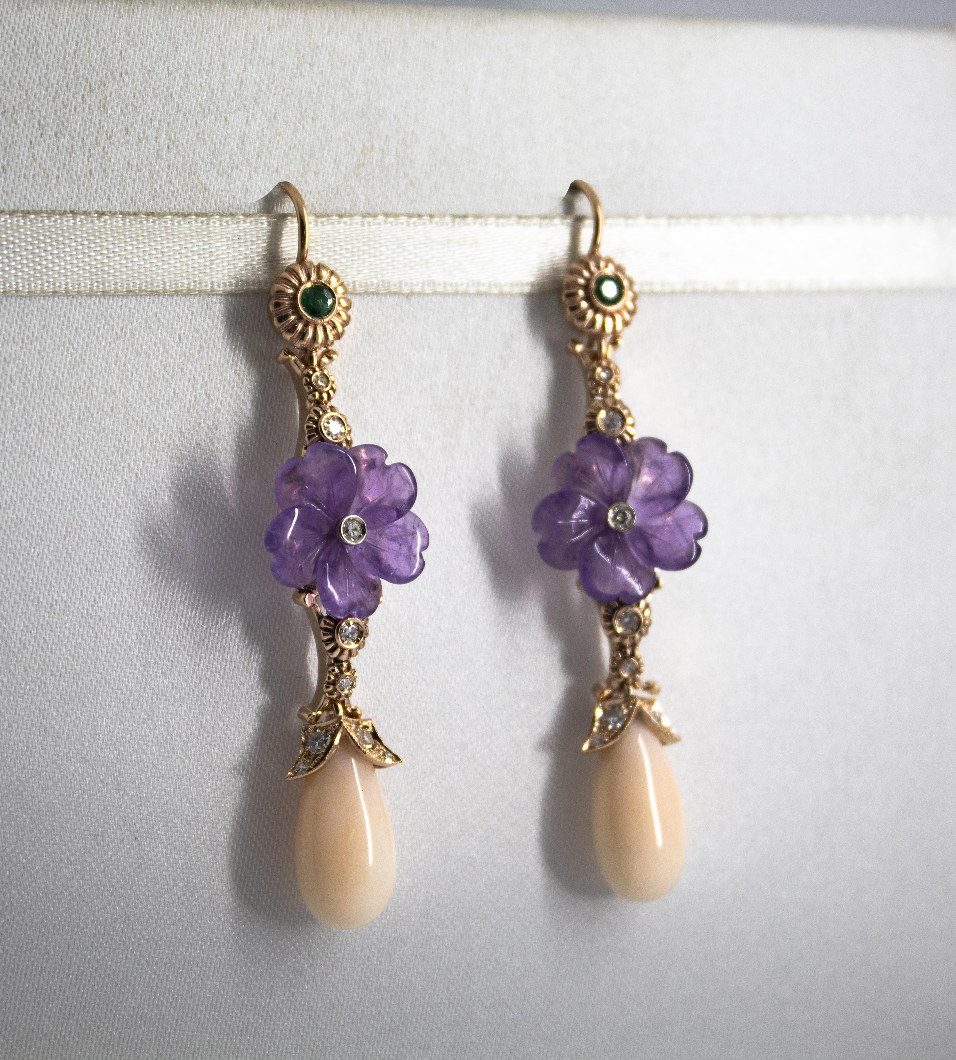 Art Nouveau Pink Coral Emerald Amethyst 0.35 Carat White Diamond Yellow Gold Drop Earrings For Sale