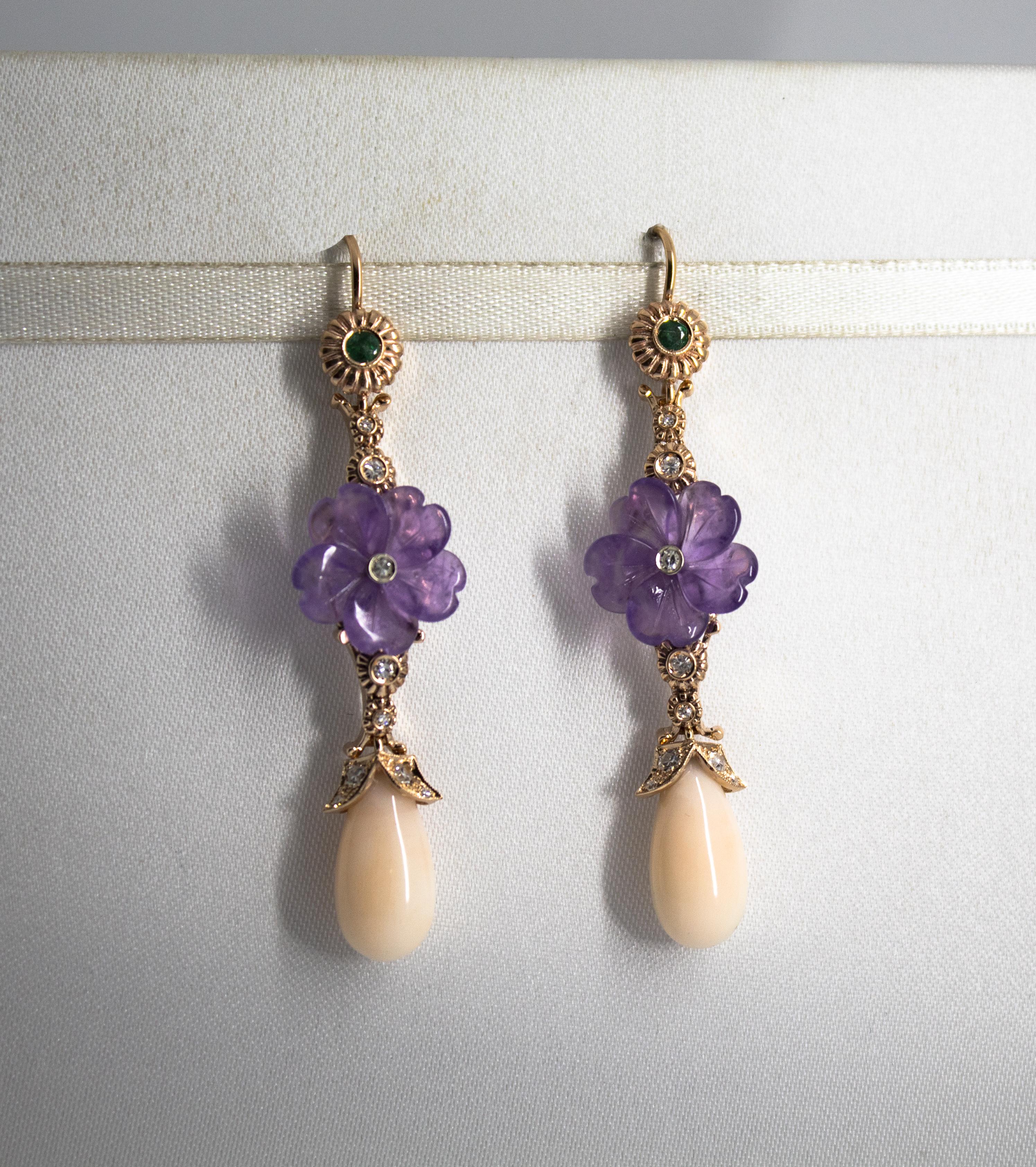 Women's or Men's Pink Coral Emerald Amethyst 0.35 Carat White Diamond Yellow Gold Drop Earrings