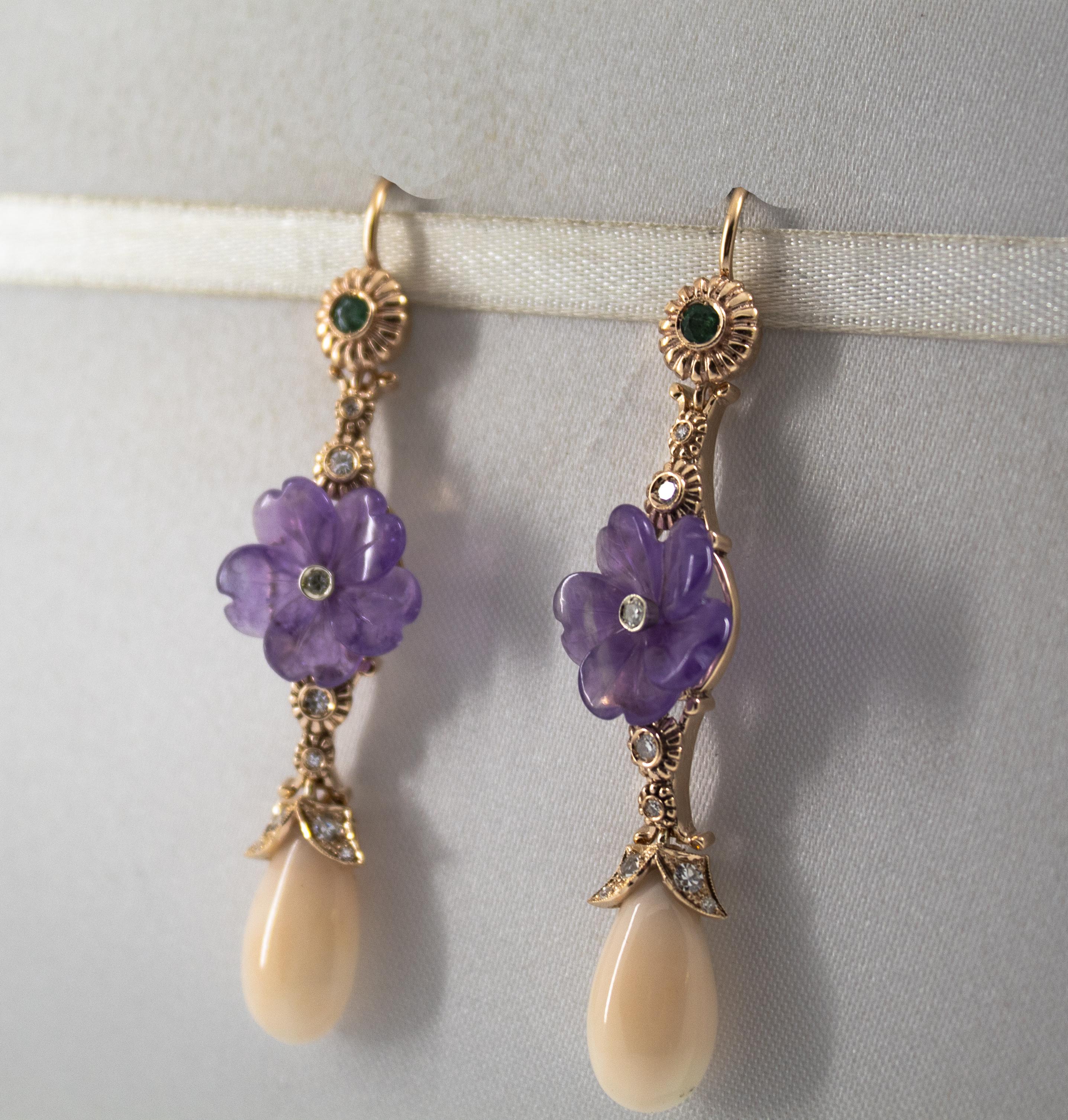 Women's or Men's Pink Coral Emerald Amethyst 0.35 Carat White Diamond Yellow Gold Drop Earrings For Sale
