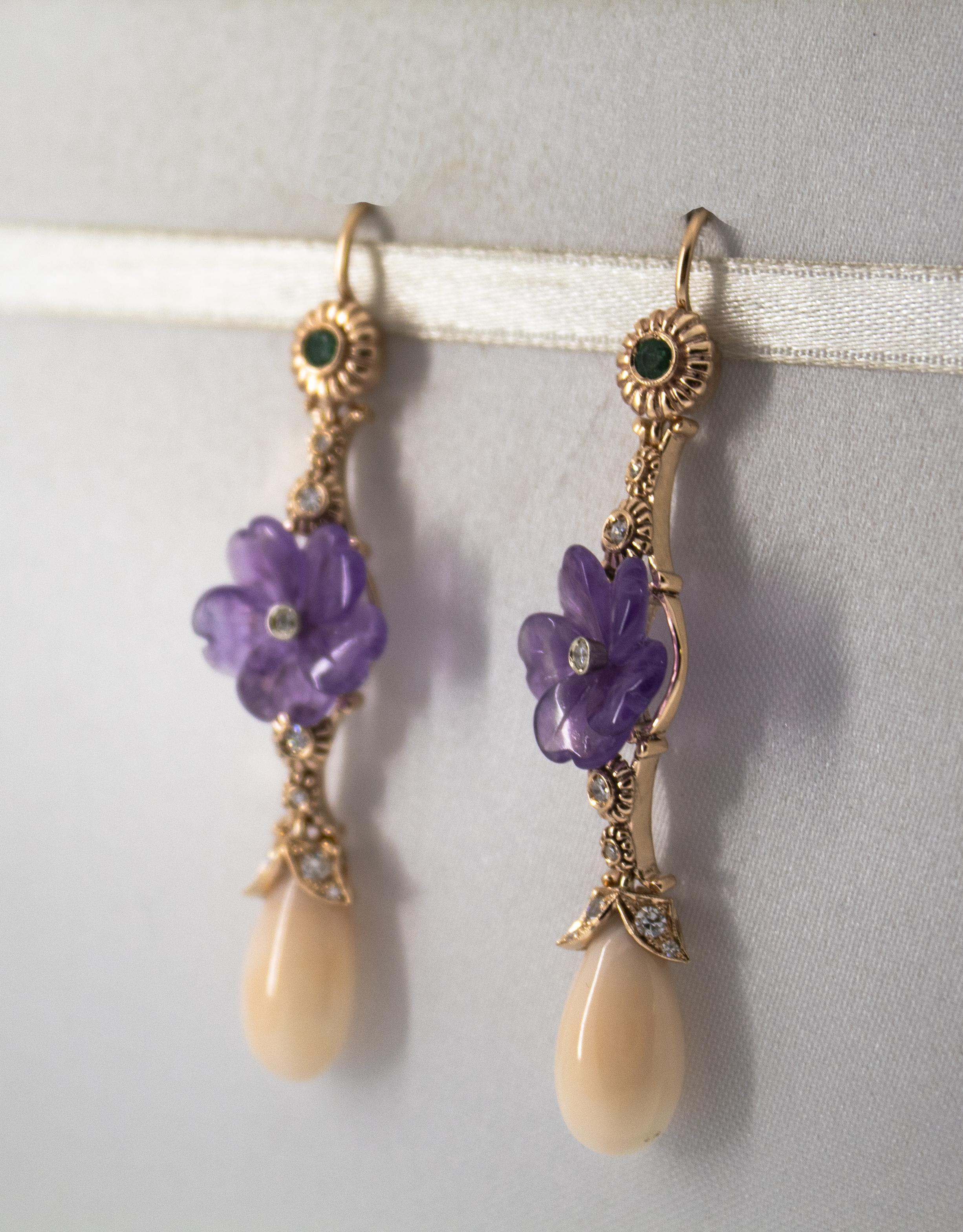 Pink Coral Emerald Amethyst 0.35 Carat White Diamond Yellow Gold Drop Earrings For Sale 1