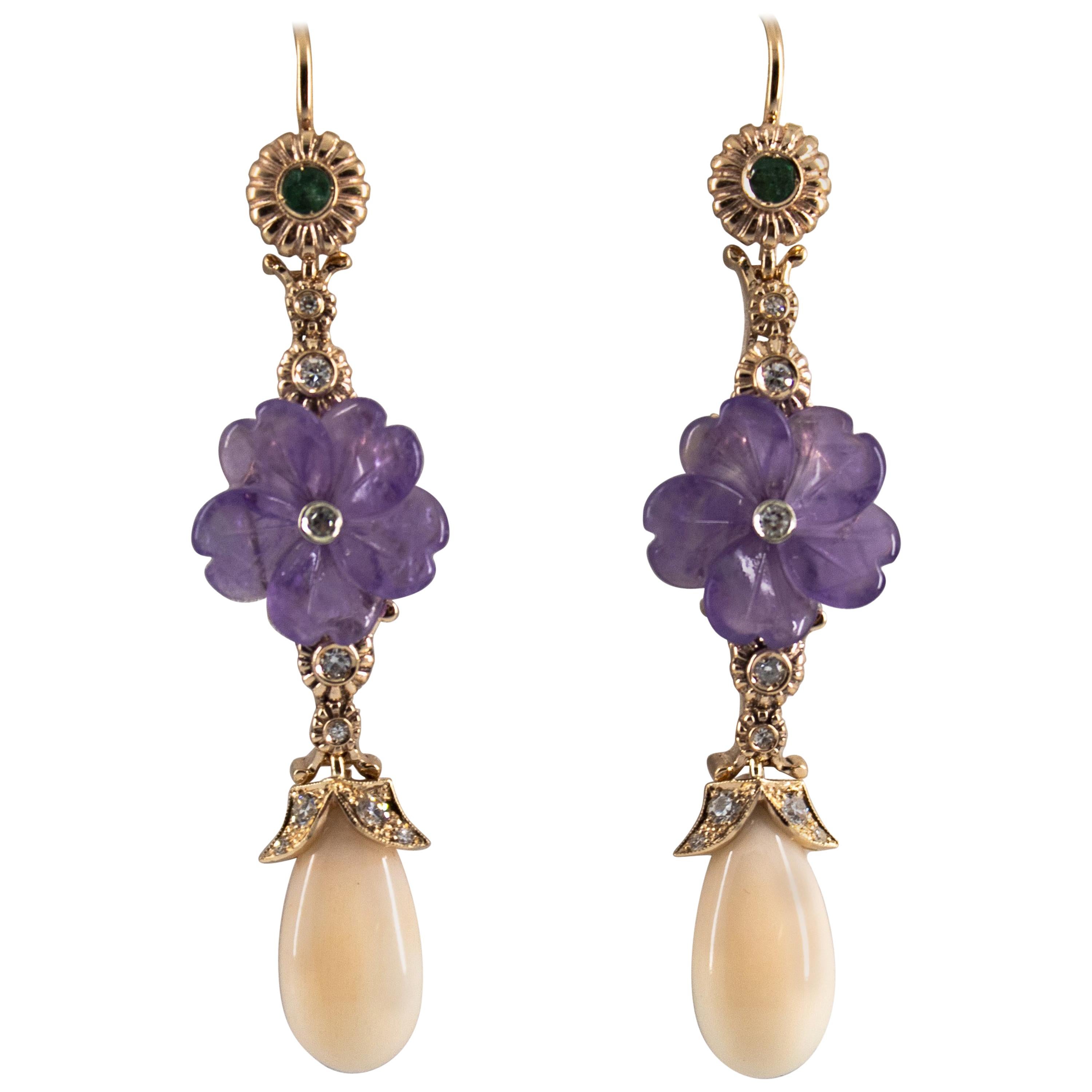 Pink Coral Emerald Amethyst 0.35 Carat White Diamond Yellow Gold Drop Earrings For Sale