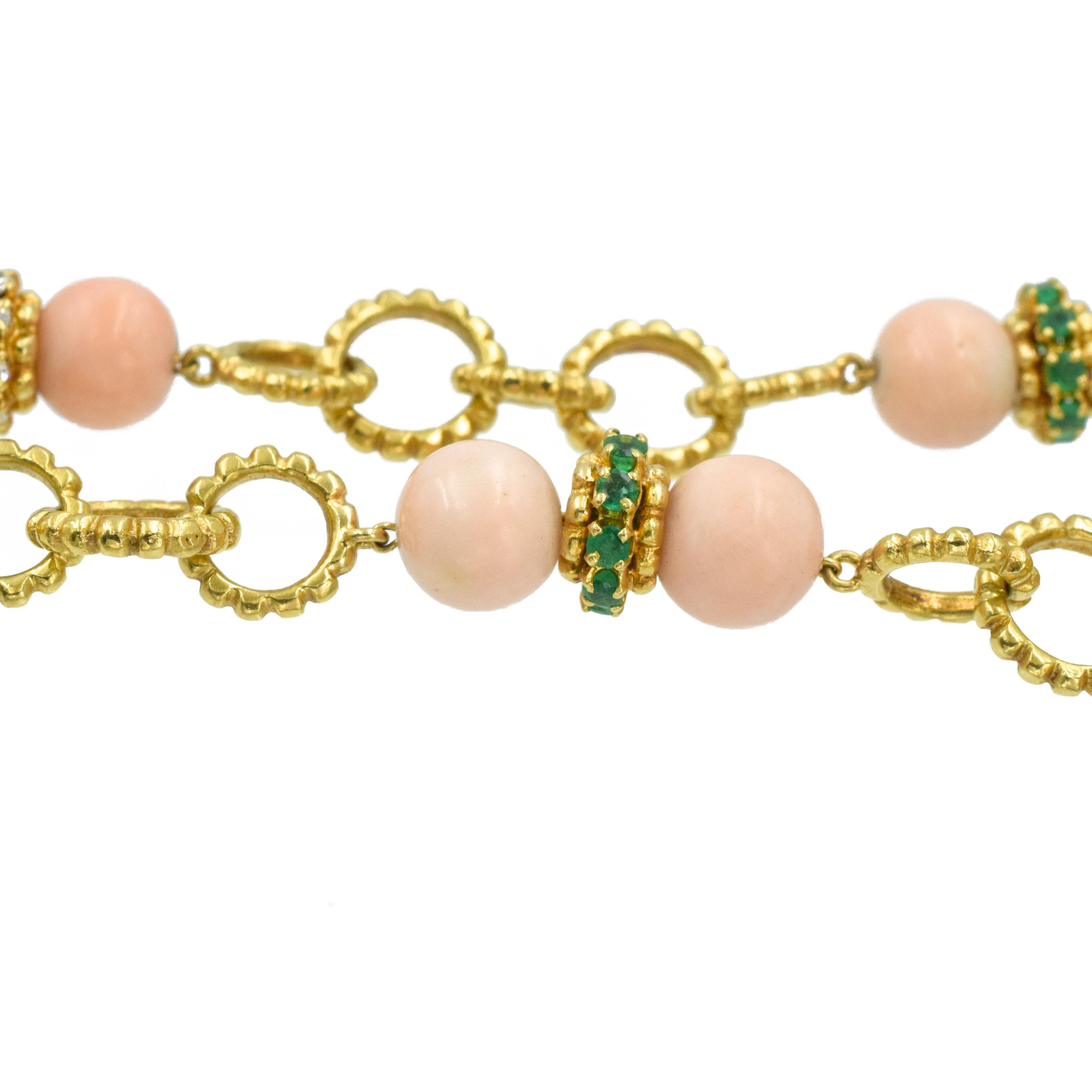 Round Cut Pink Coral, Emerald and Diamond Link Necklace