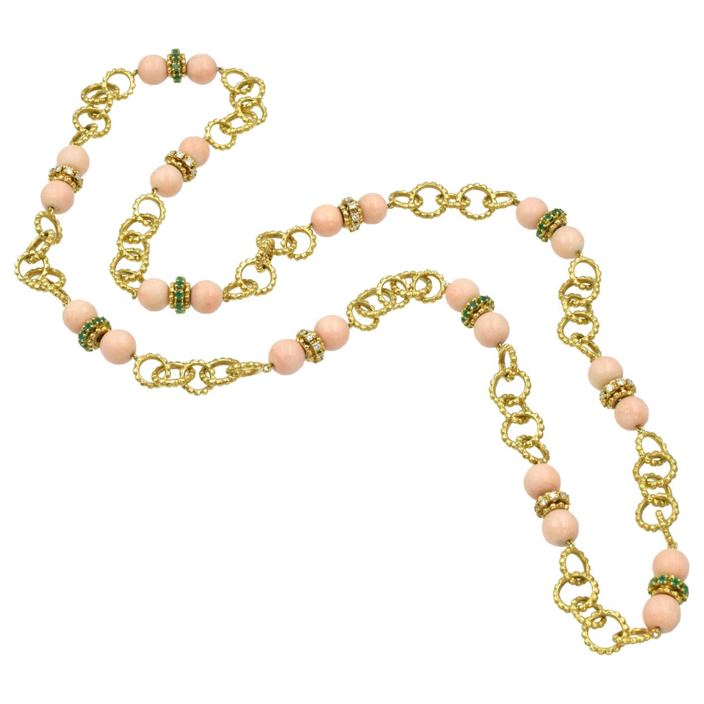 Pink Coral, Emerald and Diamond Link Necklace