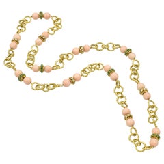 Pink Coral, Emerald and Diamond Link Necklace