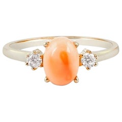 Pink Coral Gold Ring with Diamonds, Jewelry, 18 Karat Gold