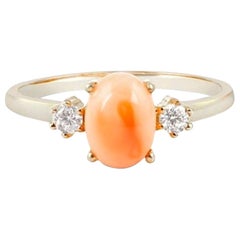 Pink Coral Gold Ring with Diamonds, Jewelry, 14 Karat Gold