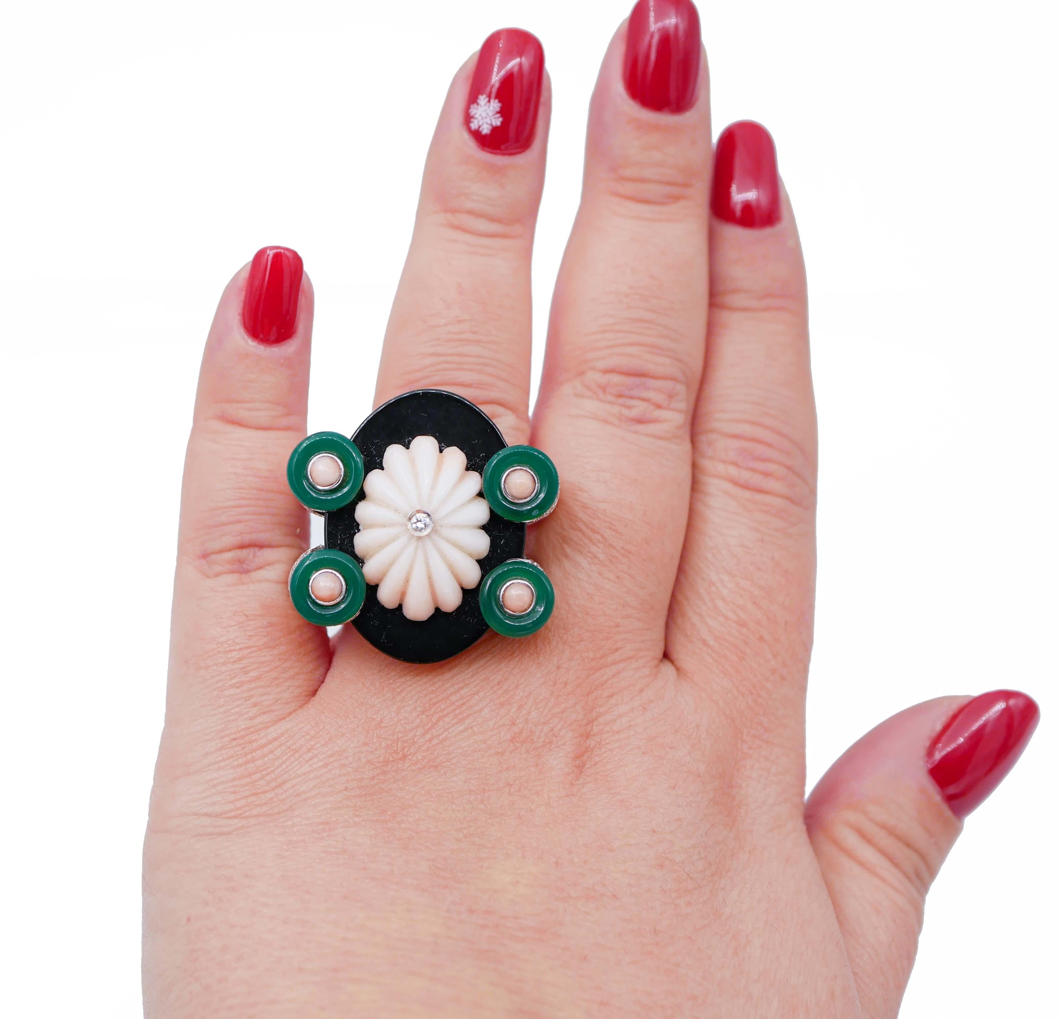 Mixed Cut Pink Coral, Green Agate, Onyx, White Diamonds, White Gold Cluster Ring For Sale