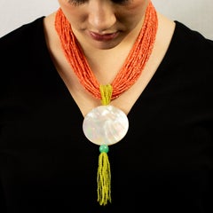 Pink Coral Jade Mother of Pearl Pendant Chrysoprase Craft Multi Strand Necklace