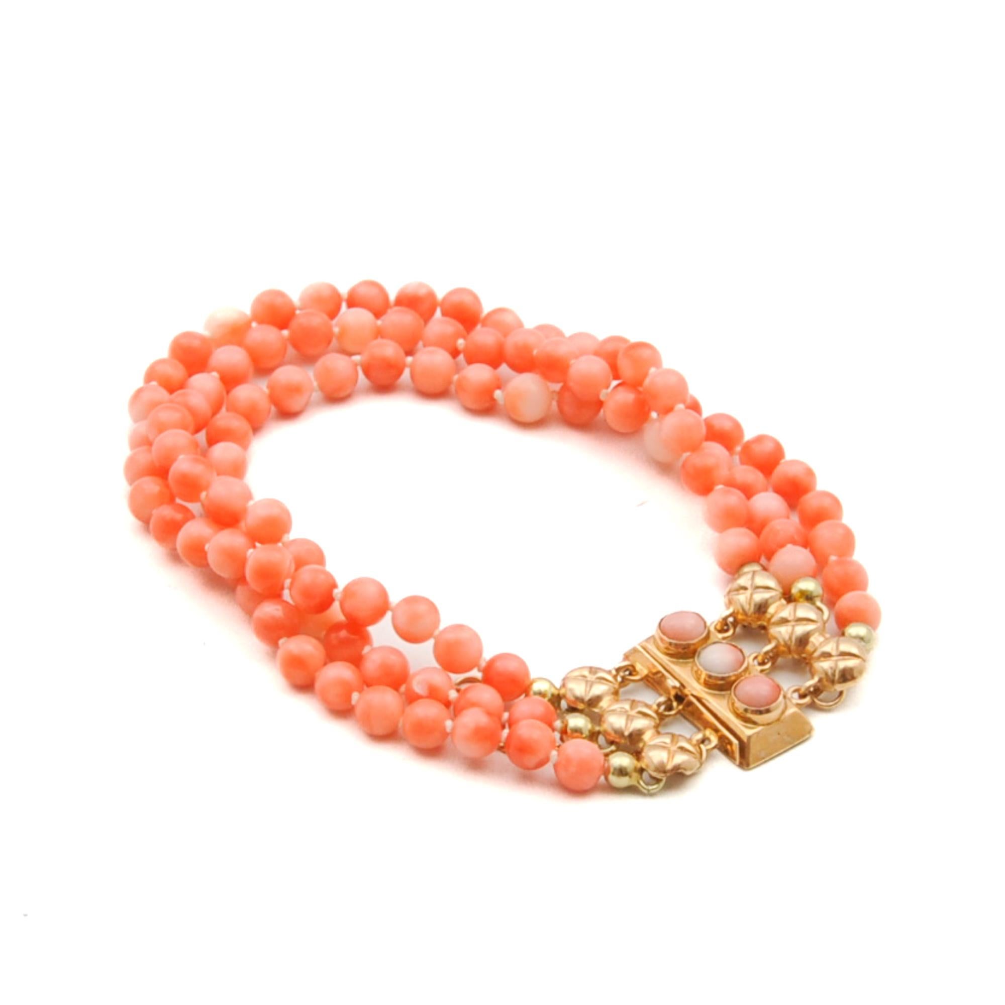 Round Cut Art Deco Pink Coral Multi-Strand Gold Beaded Bracelet For Sale