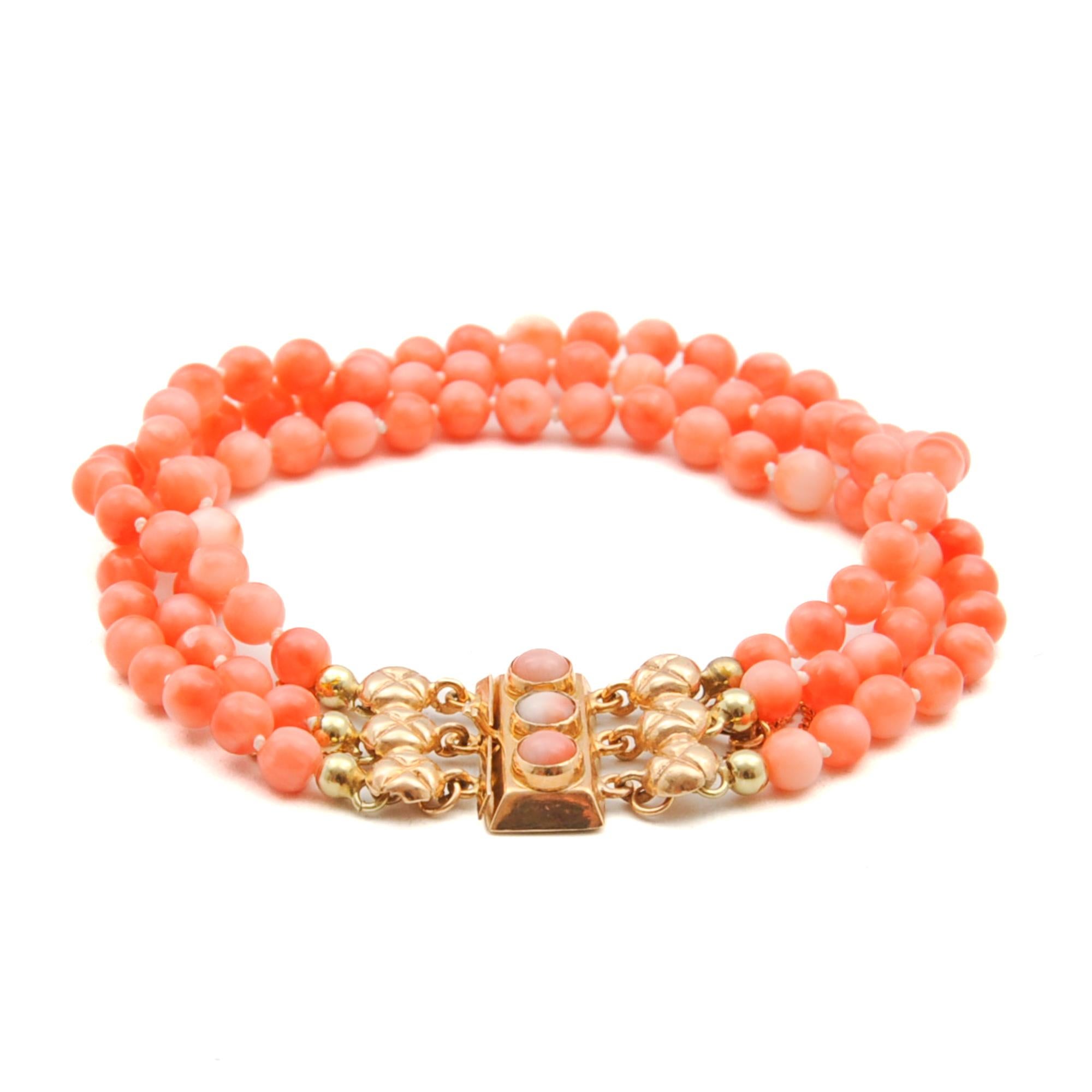 Women's Art Deco Pink Coral Multi-Strand Gold Beaded Bracelet For Sale