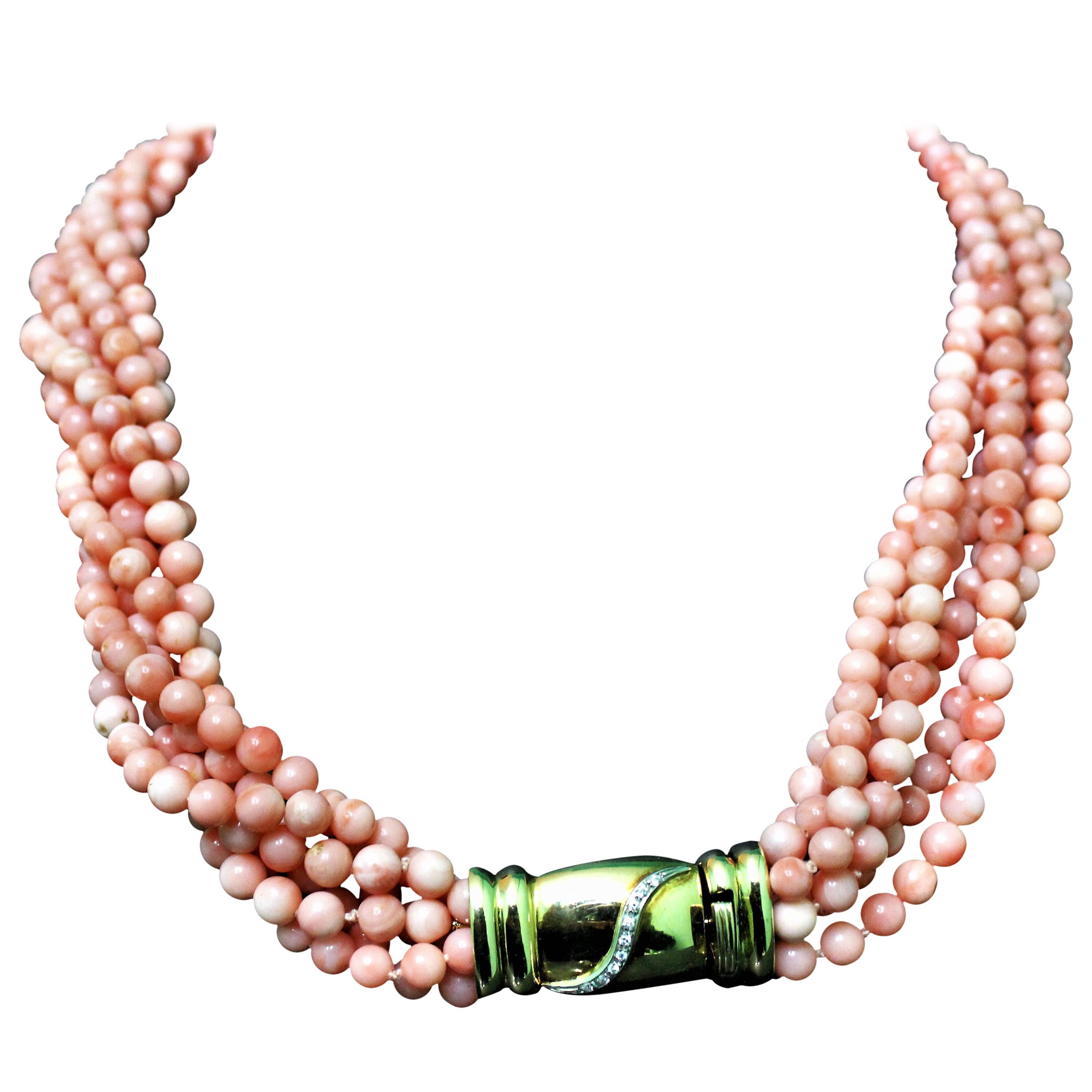 Pink Coral Multi-Strand Necklace 0.10 Carat Diamonds 18 Karat Gold, Italy, 1980s For Sale