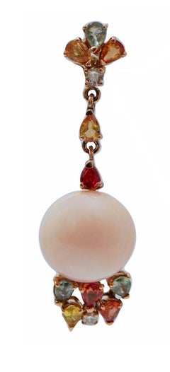 Pink Coral, Multicolor Sapphires, Diamonds, 14 Karat Rose Gold Earrings.