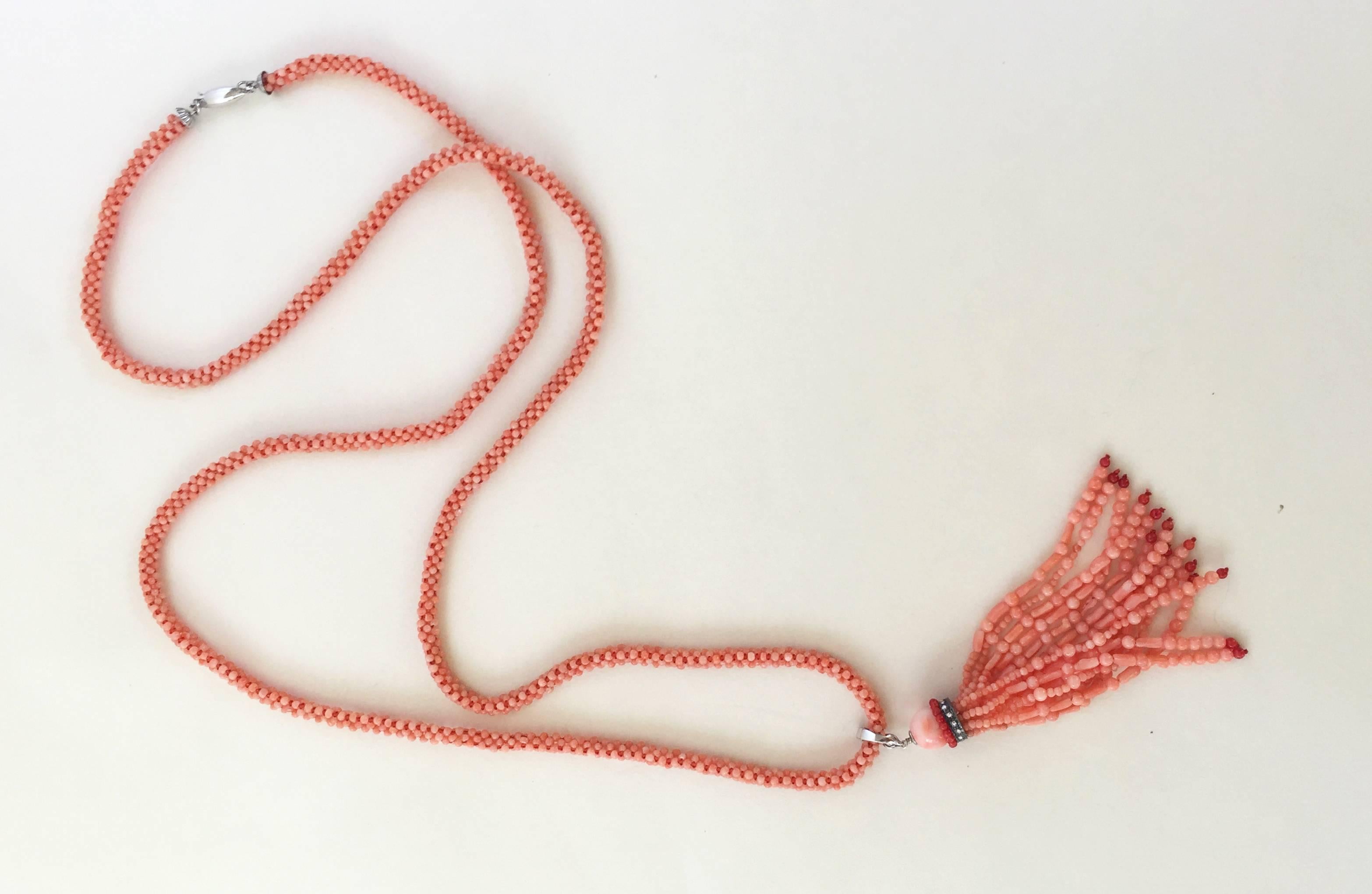 Artist Marina J. Pink Coral Necklace with Two-Tone Coral Diamond Encrusted Tassel