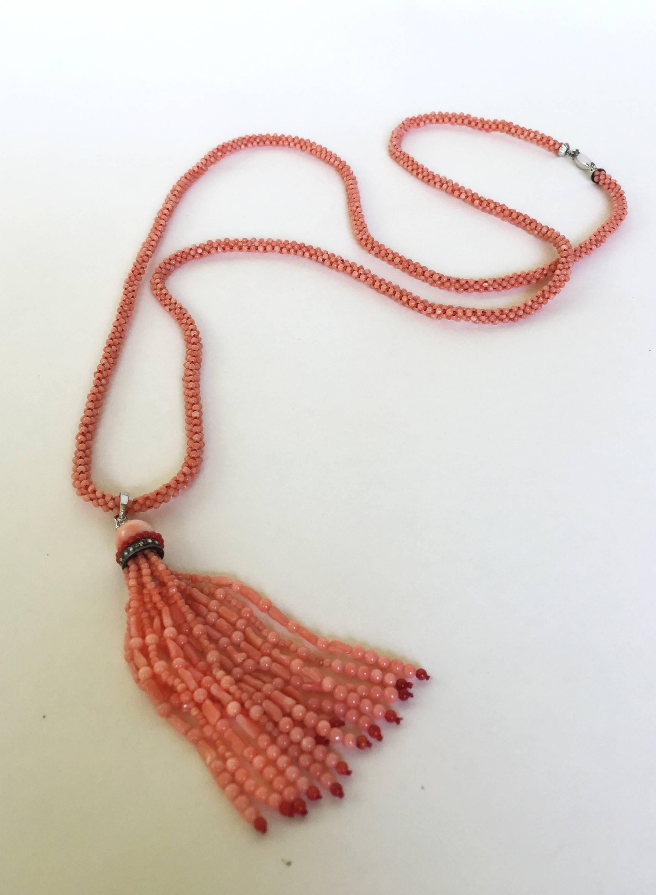 Marina J. Pink Coral Necklace with Two-Tone Coral Diamond Encrusted Tassel In New Condition In Los Angeles, CA